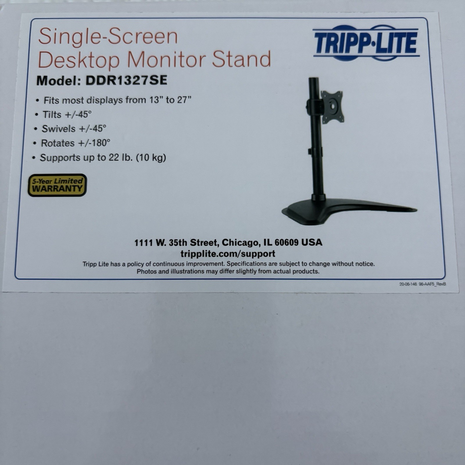 TRIPP-LITE Single-Screen Desktop Monitor Stand Fits 13” To 27” Tilts Rotates