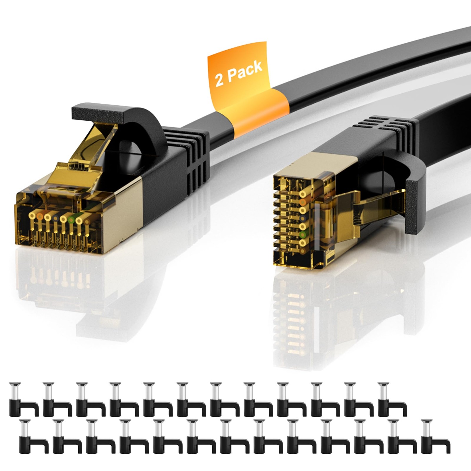 Cat 7 Ethernet Cable 2-Pack 4 FT, Cat7 Flat High Speed 10Gbps 4FT+4FT, Black 