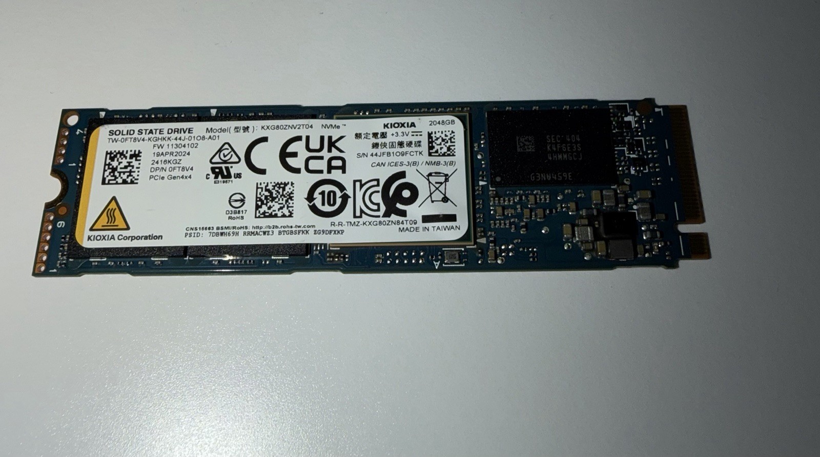 Kioxia 2TB NVMe PCIe 4.0 M.2 Solid State Drive (KXG80ZNV2T04) - 100% Health
