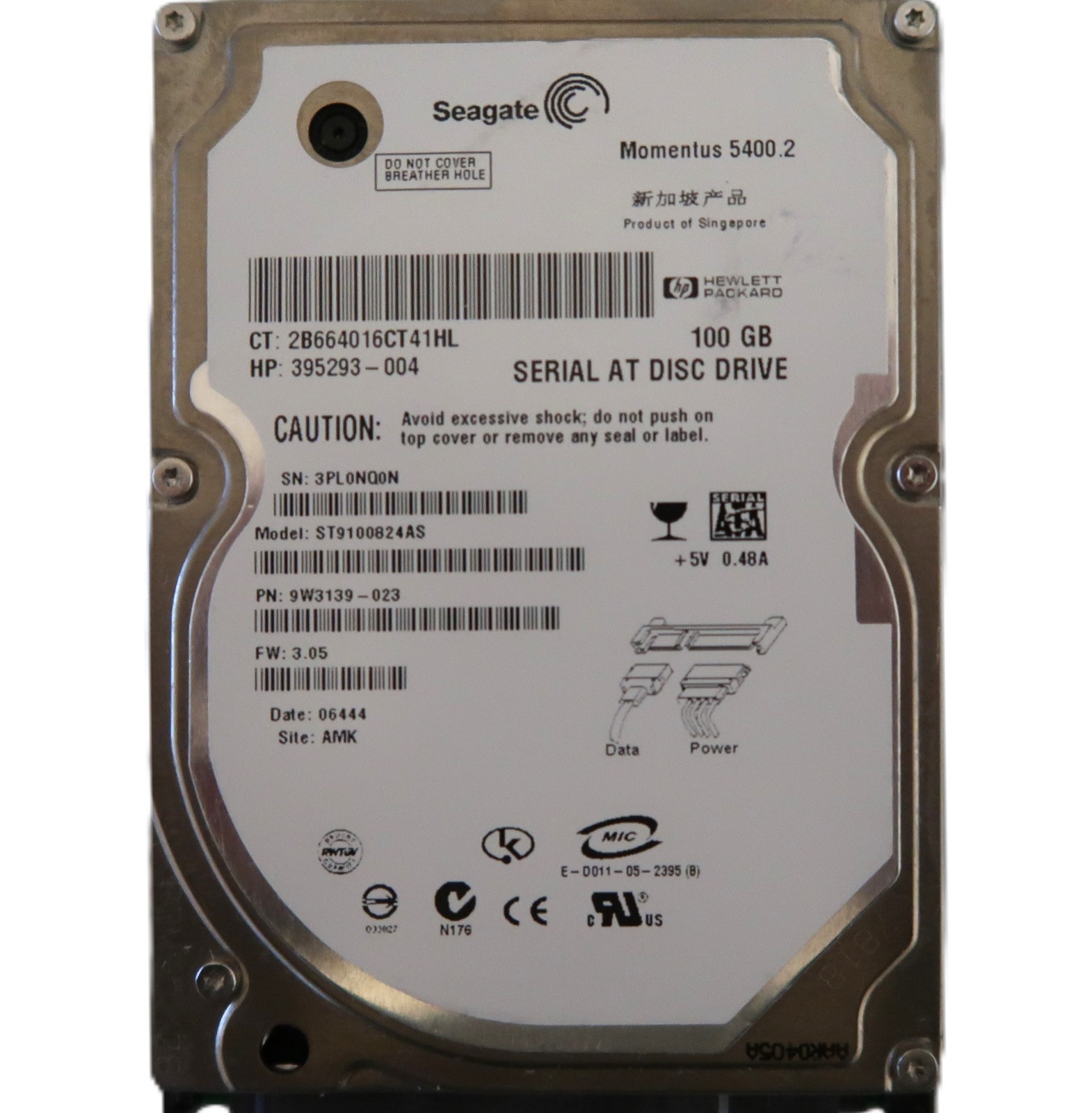 Seagate ST9100824AS 9W3139-023 3.05 (3PL) AMK Singapore 100gb 2.5" Sata MAY/2006