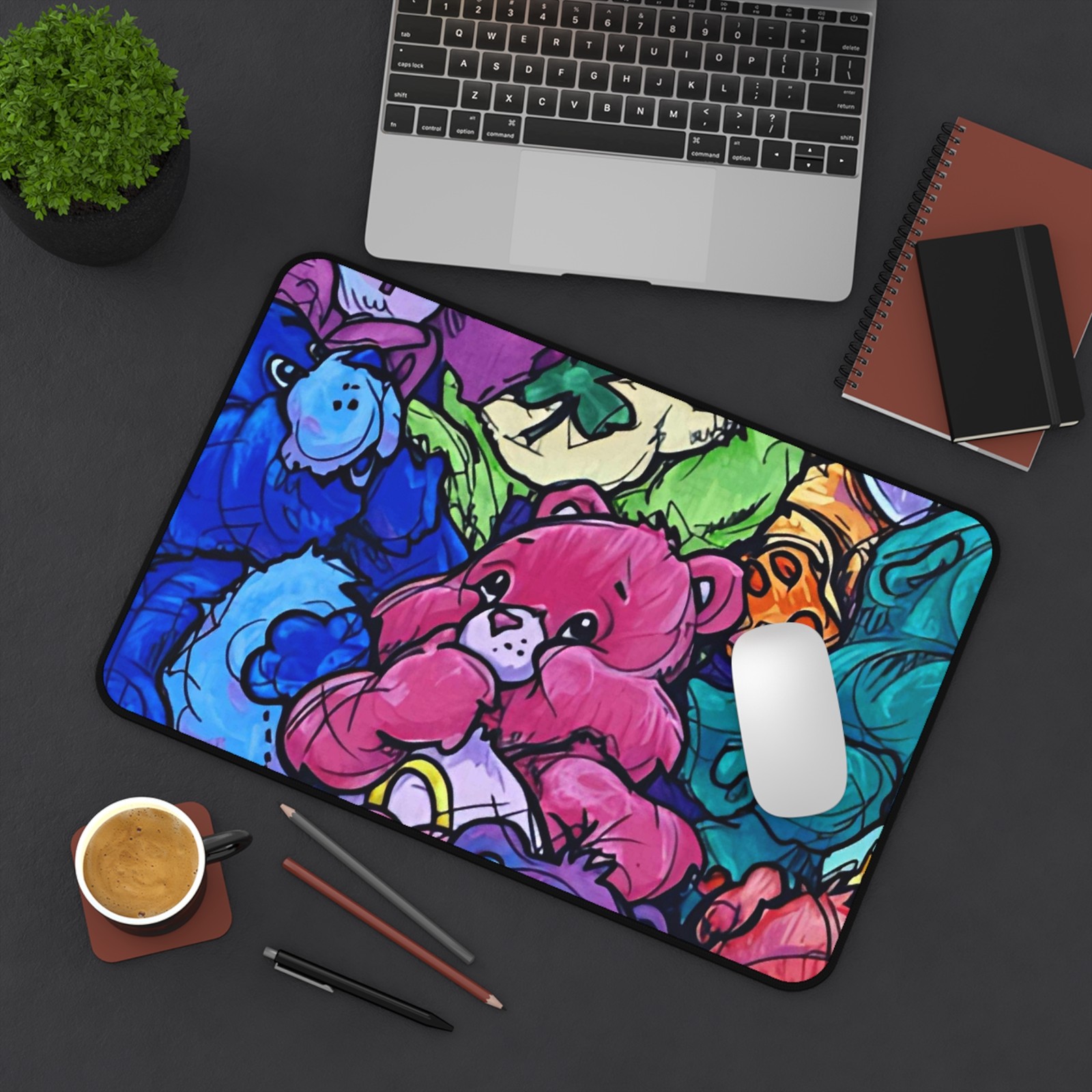 Colorful Rainbow Care Bears Desk Mat | Cute Plush Pattern