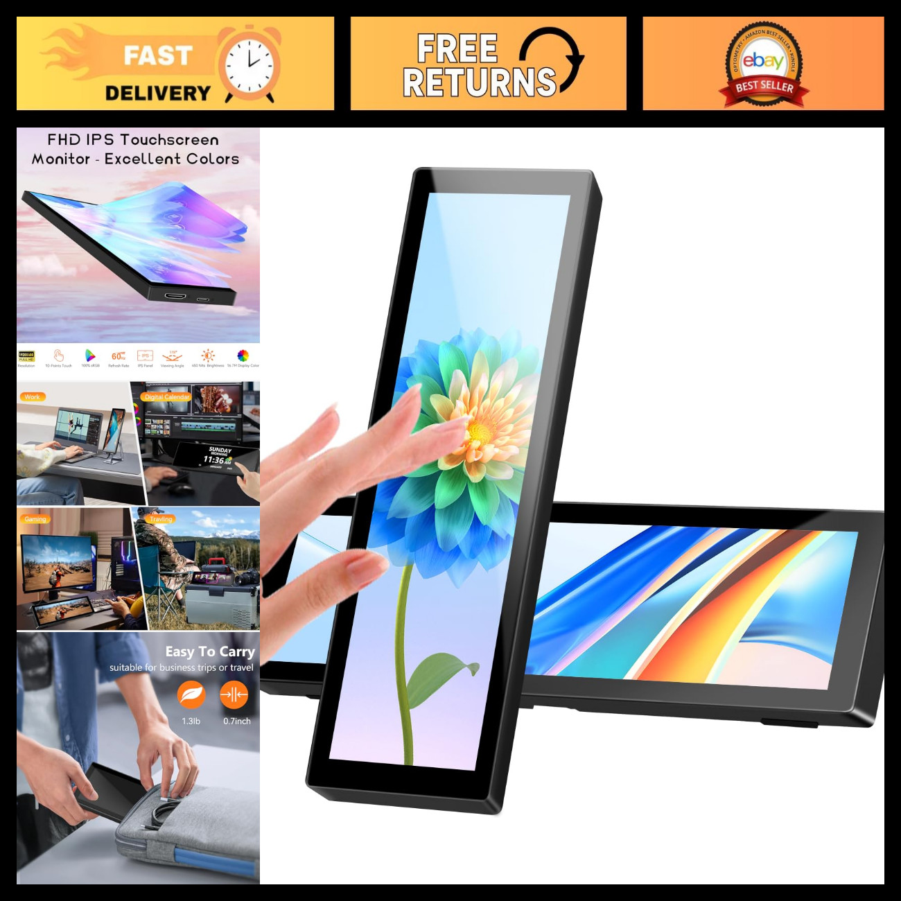 8.8 Inch Mini Touchscreen Monitor - 1920x480 IPS USB Display for PC & RPi