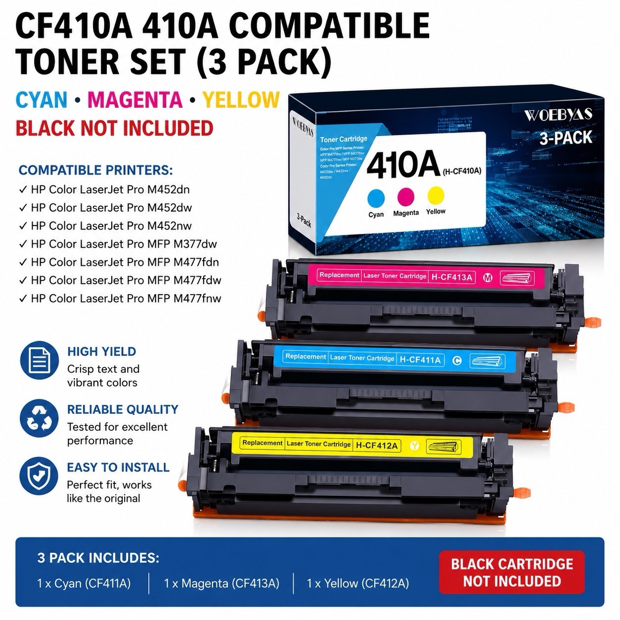 CF410A 410A Compatible Toner Set 3 Pack No Black New Sealed M477 M452