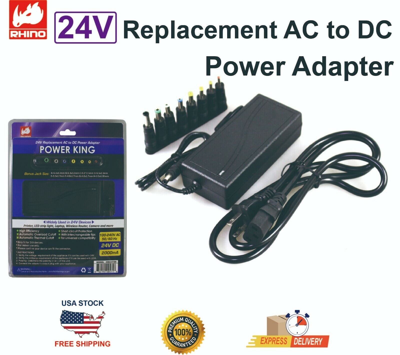 Universal 24V Replacement AC to DC Power Adapter 8 Tips Laptop Router Printer