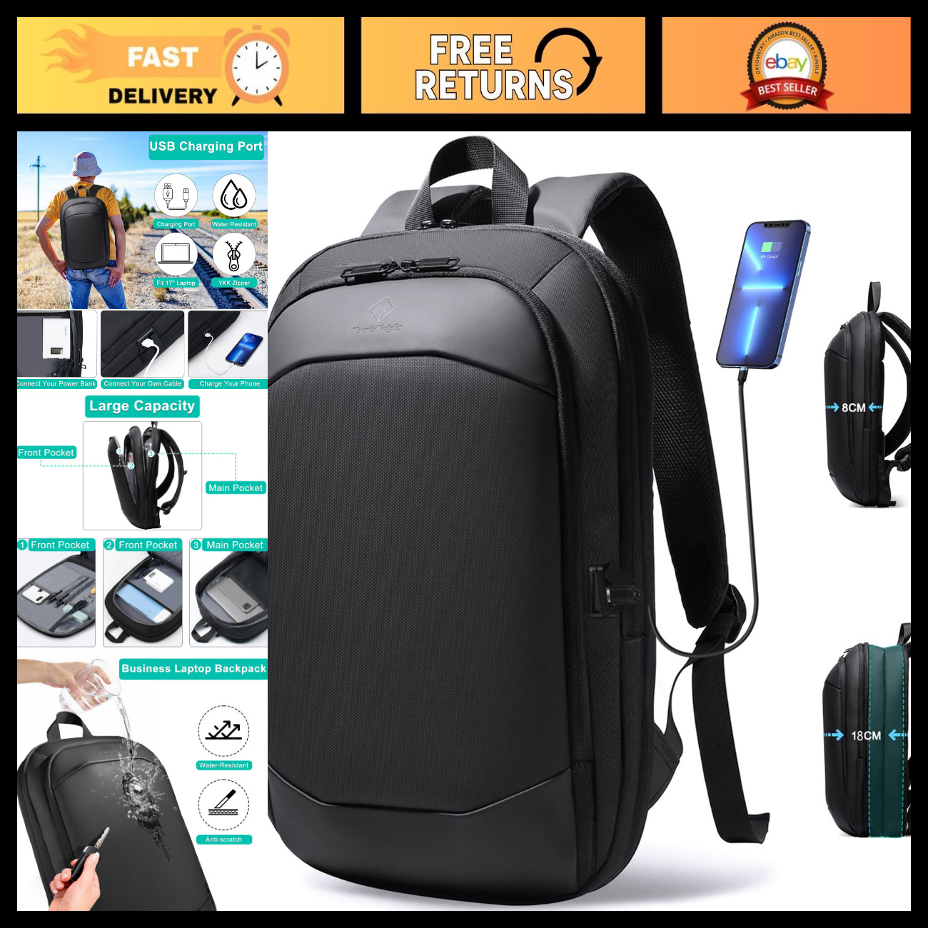 Slim Expandable Business Backpack for Men, Fits 17" Laptop, Travel Bag, Durable