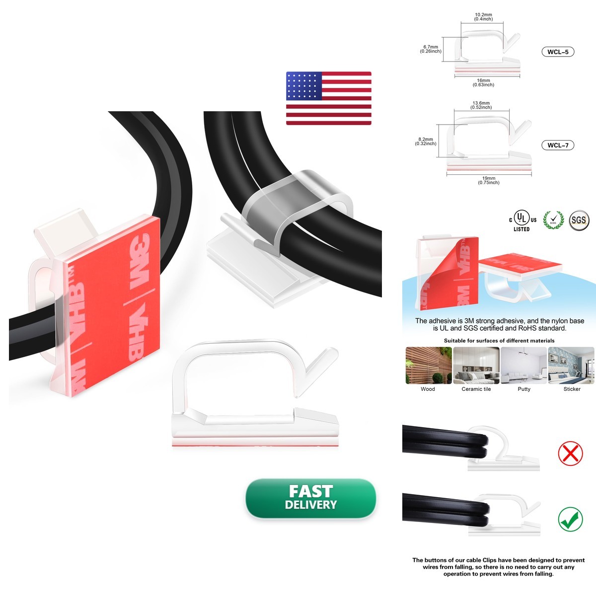 XHF 60PCS 5/8 Clear Adhesive Cable Wire Wall Light Clips Holder