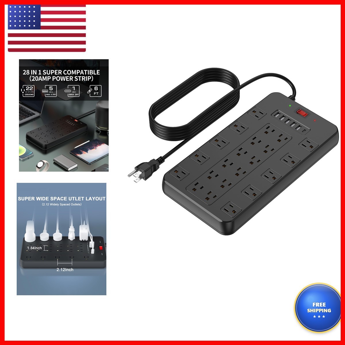 FDTEK 20 Amp Power Strip Surge Protector Heavy Duty 22 Outlets 6 FT Cord