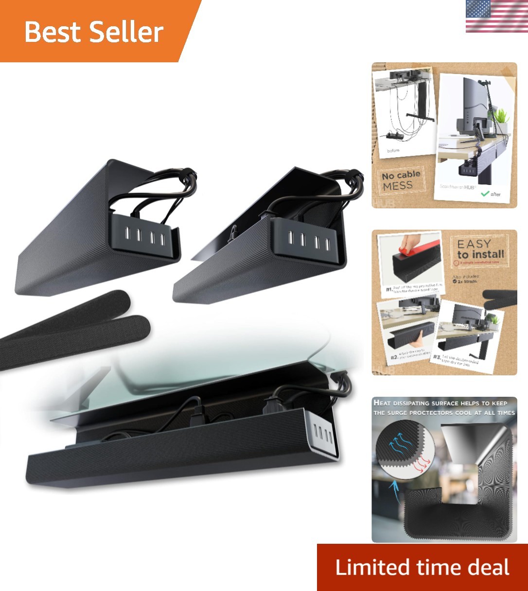 Self-Adhesive Cable Management Tray Set, 17-Inch Black, 2-Pack for Your Desk