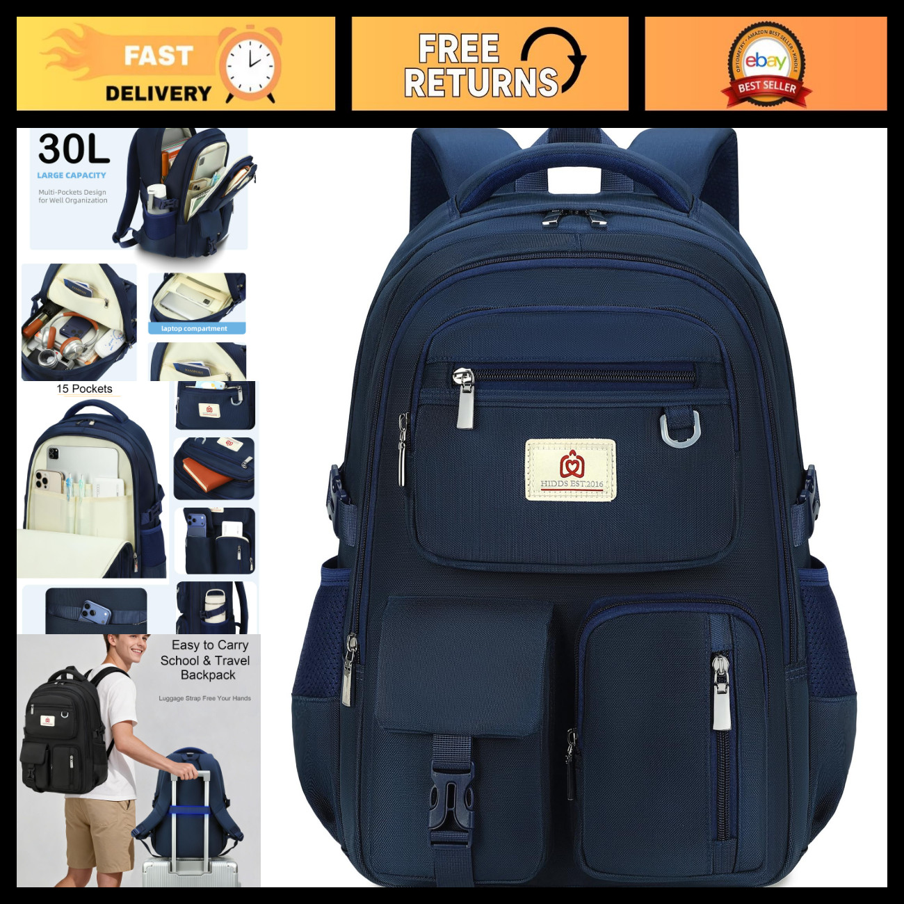 Durable 15.6" Laptop Backpack, Water Resistant College School Bag, Anti-Theft Tr