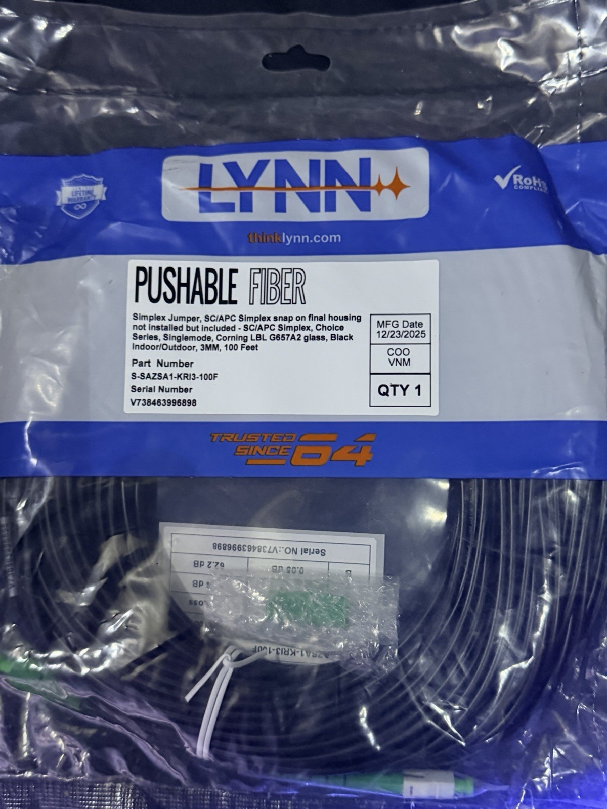 5 Pk LYNN Pushable Fiber Optical Network Cable SC/APC-SC/APC Simplex 100 ft Blk