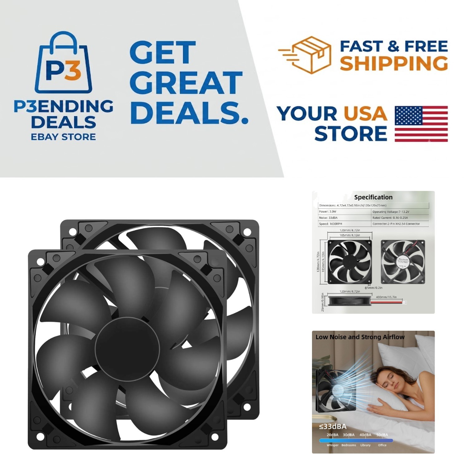 Durable 2-Pack 120mm Cooling Fans with 2-Pin Connector for PC & Amplifiers