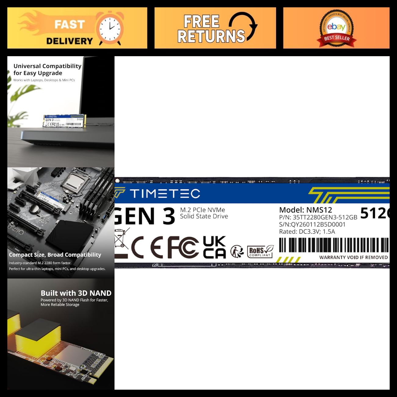 512GB NVMe PCIe Gen3x4 M.2 2280 SSD 3D NAND High Speed Internal Solid State Driv