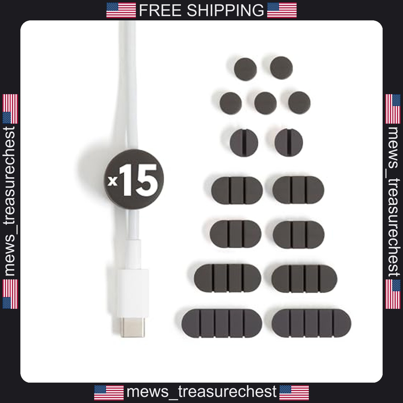 Silicone Cable Organizer Clips Set of 15 for Desk, Home, Travel, Black