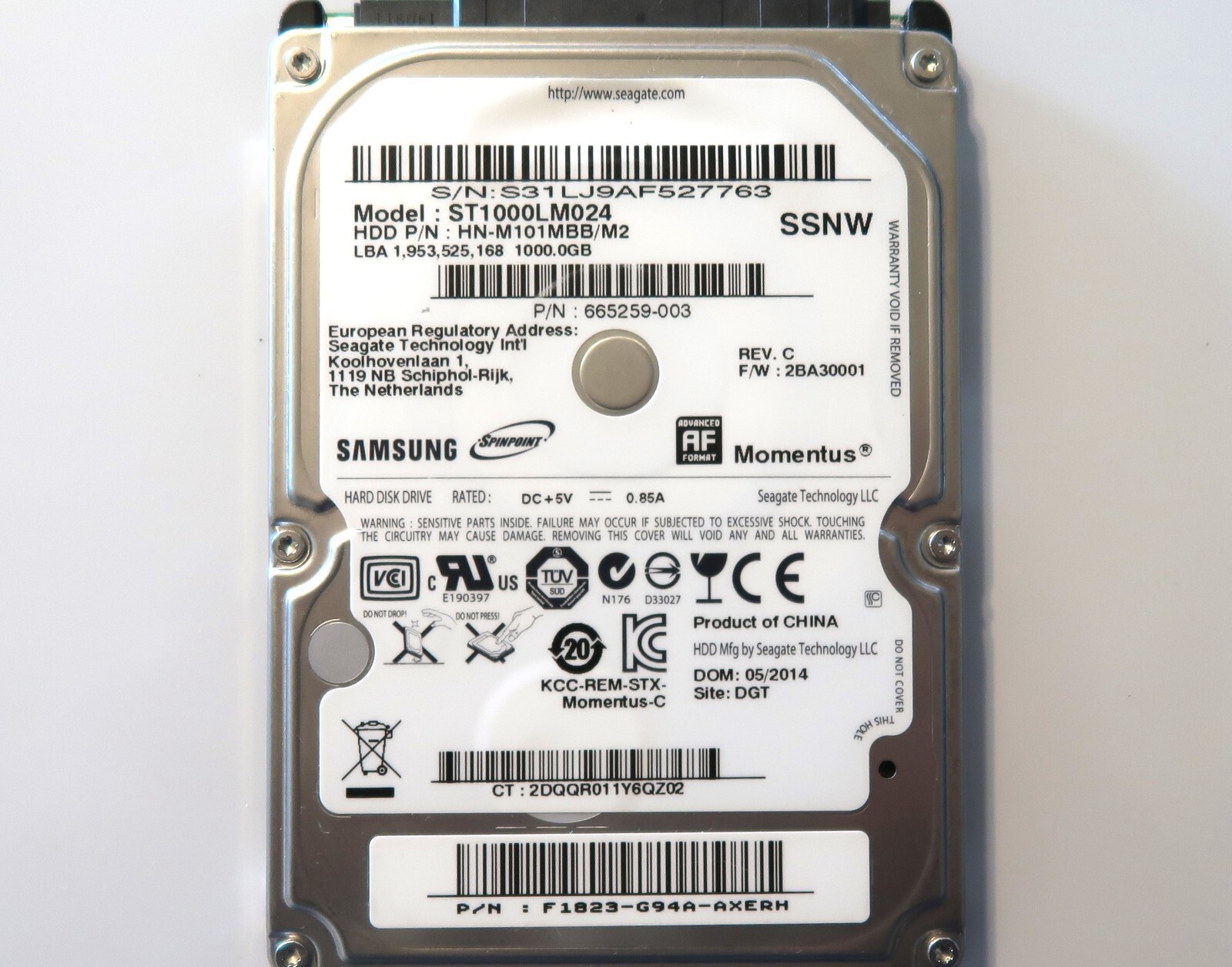 Samsung ST1000LM024 HN-M101MBB/M2 2BA30001 (S31) F1823-G94A SSNW 1TB 05/2014