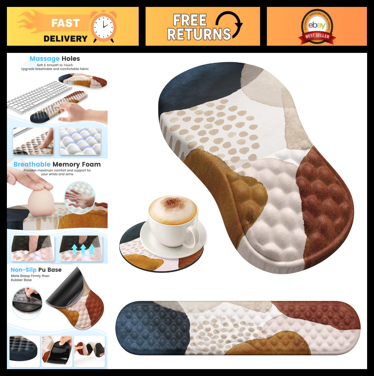 3-Pc Memory Foam Desk Set with Wrist Support - Ergonomic, Boho Brown Office Acce