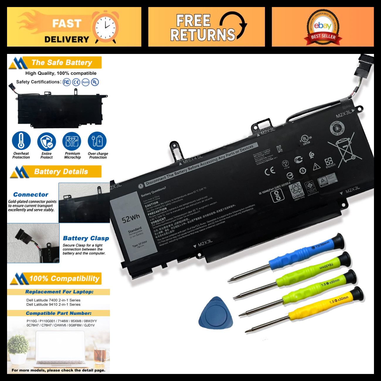 High-Capacity Laptop Battery Replacement for Latitude 7400 & 9410 2-in-1, 52Wh 6