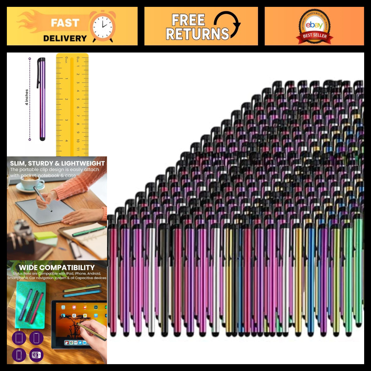 500 Pack Stylus Pens for Touch Screen Devices - Thick Rubber Tip, Multi-Color