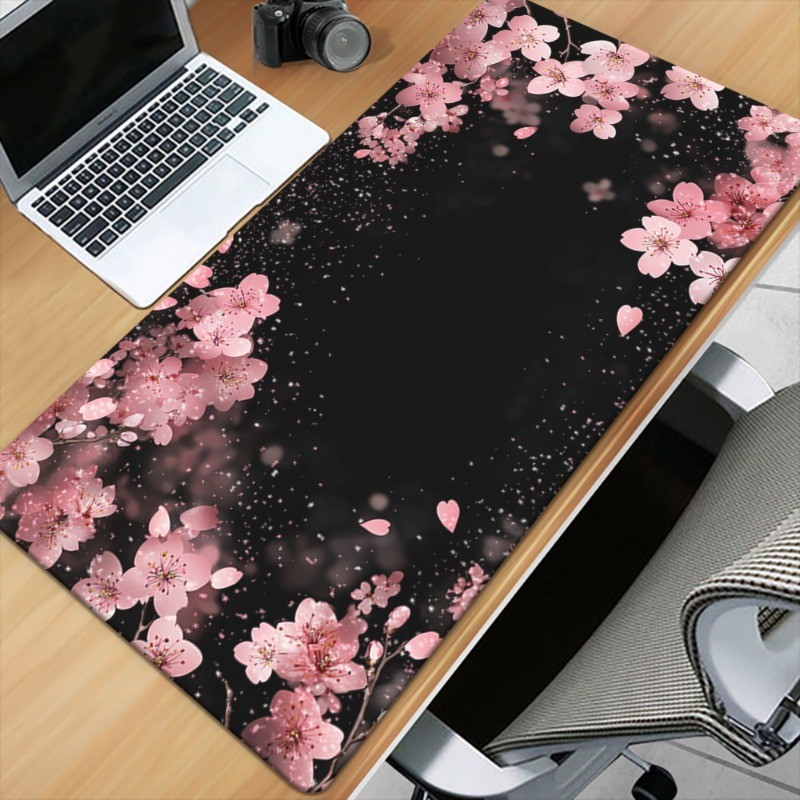 1pc Large Mouse Pad Gaming Mouse pad with Pink Cherry Blossom on Black Design,
