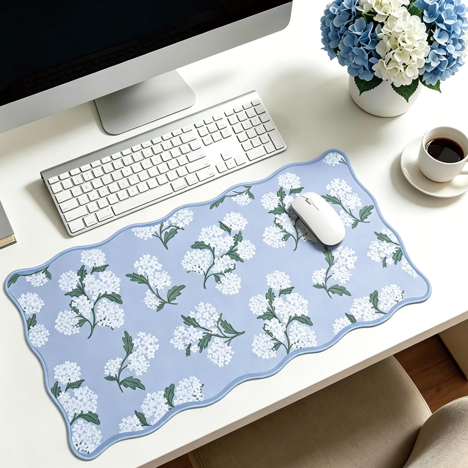 Hydrangea Computer Desk Mat Blue White Flower Scalloped Mouse Pad Spring Flor...