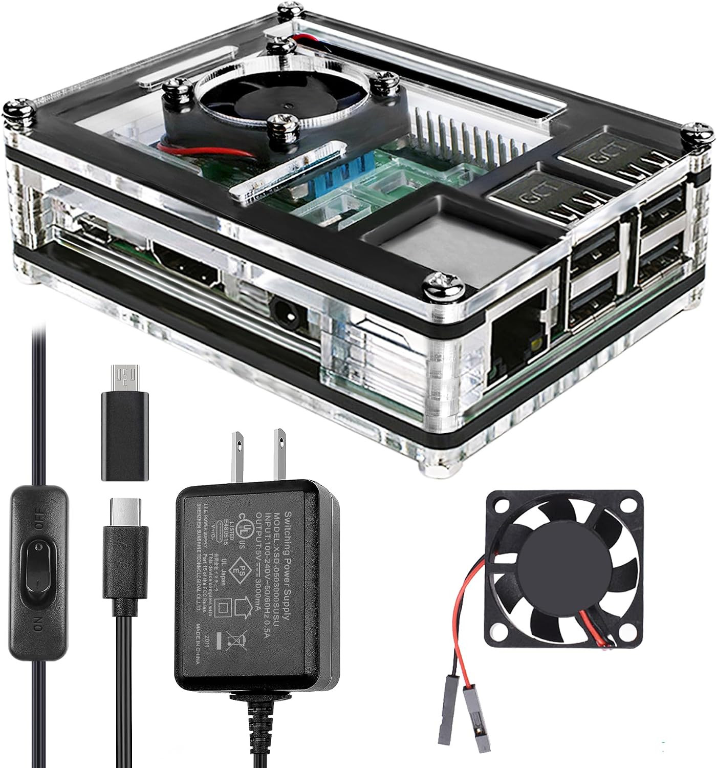 Case for Raspberry Pi 3 with Fan 5V 3A Power Supply 3Pcs Heatsinks