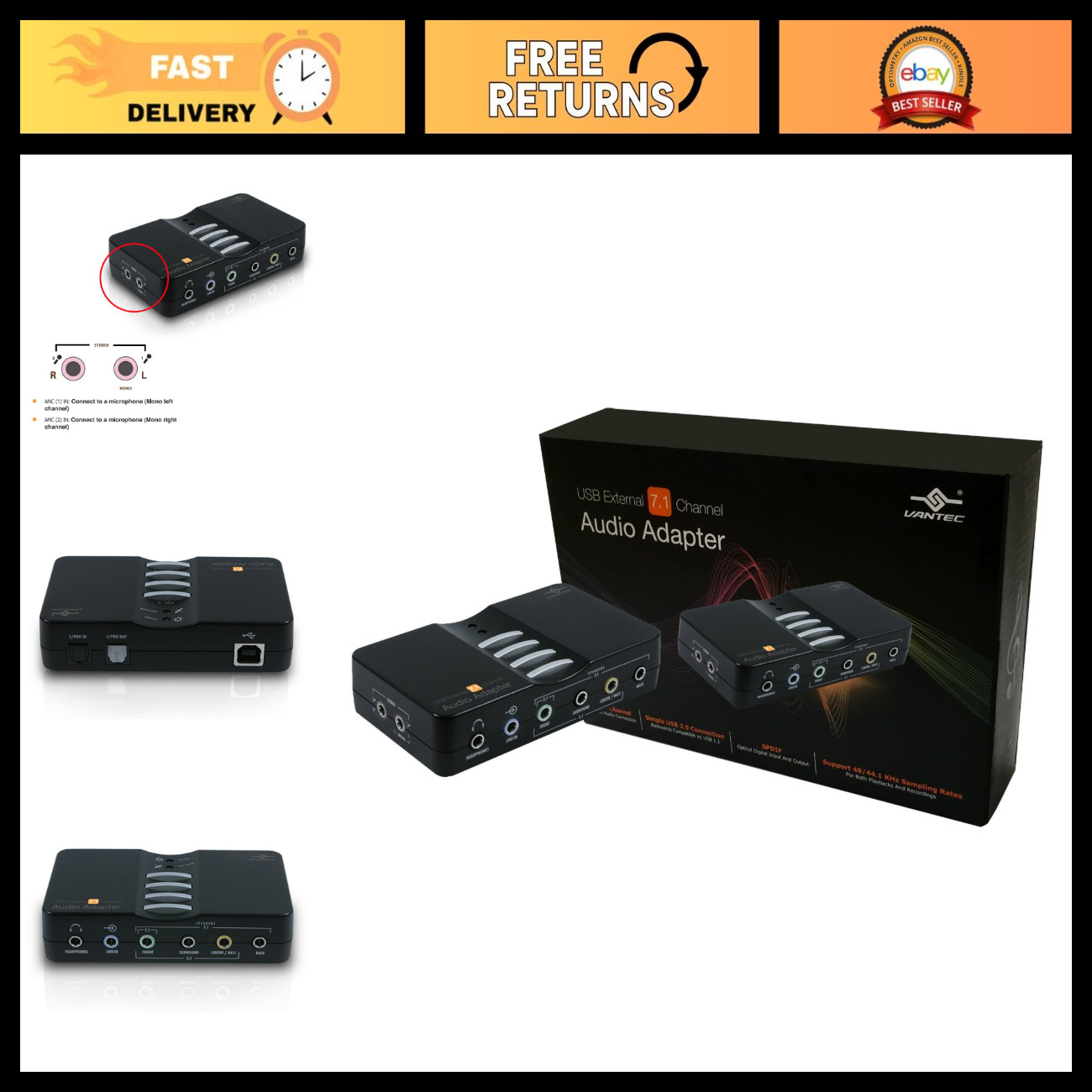 USB External 7.1 Channel Audio Adapter, High-Quality Sound Card, Plug & Play