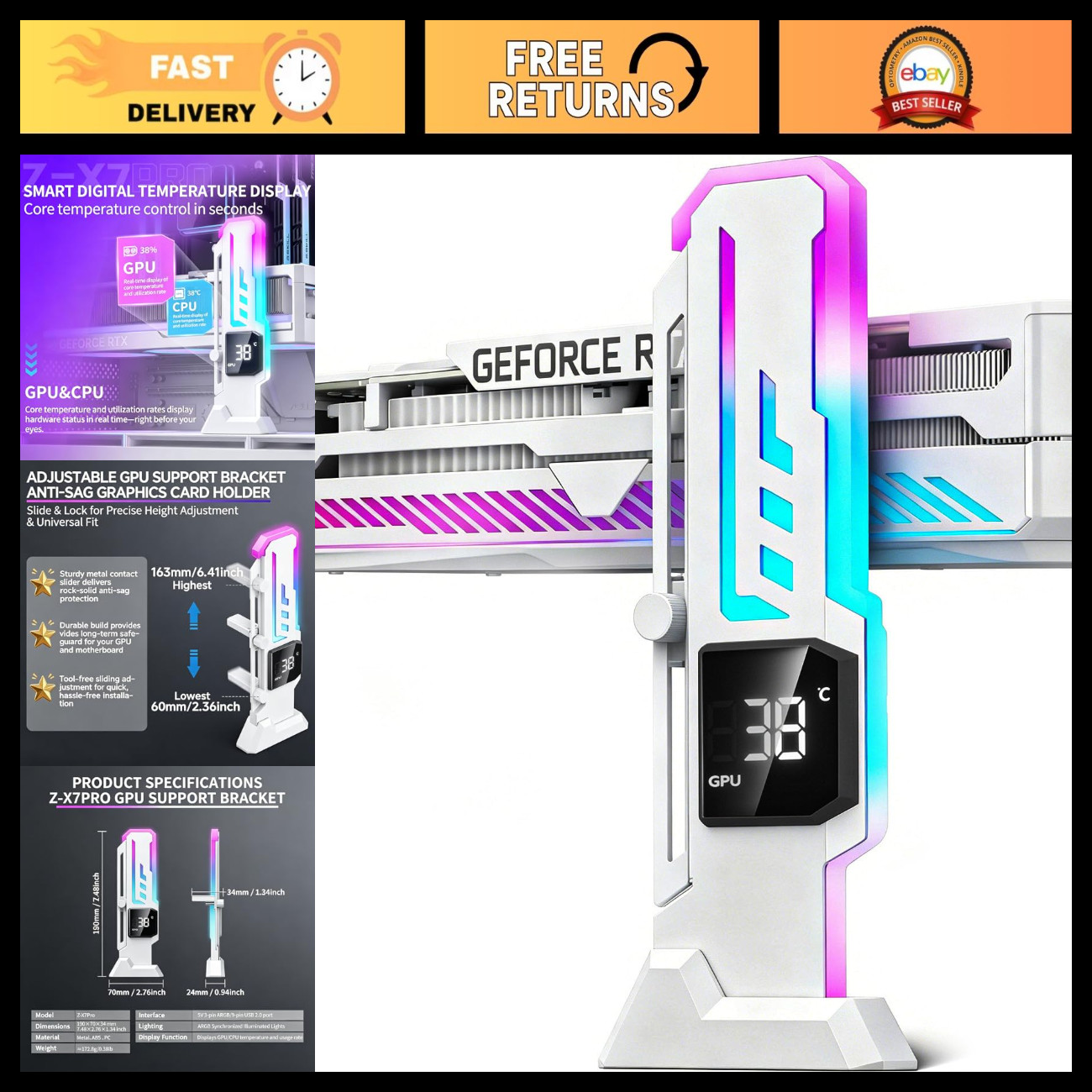 Adjustable ARGB GPU Support Bracket with Temp Display, Anti-Sag Stand, Universal