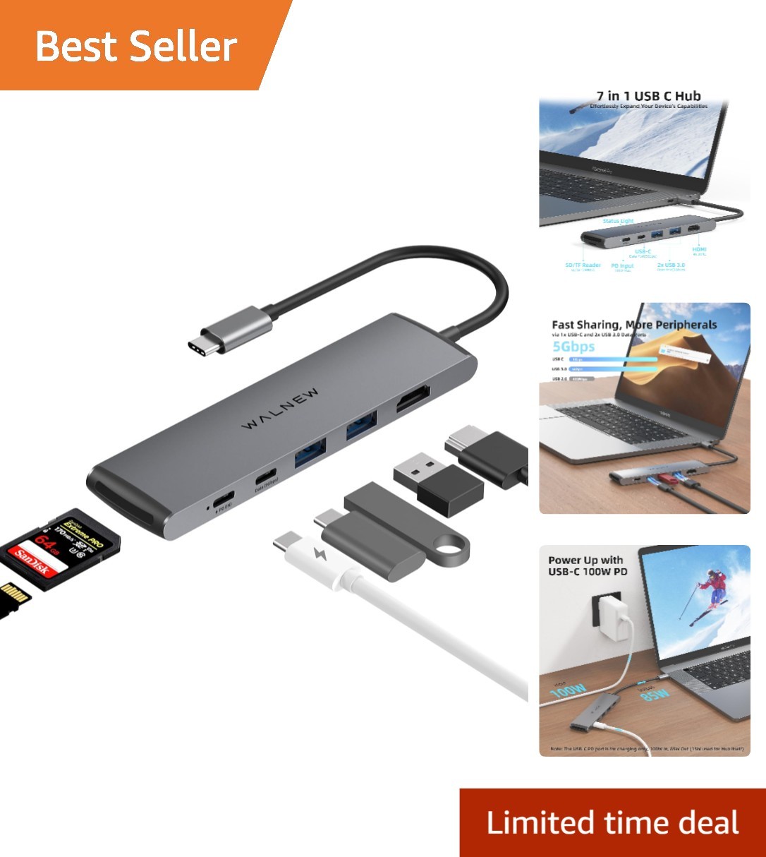 Versatile 7-in-1 USB-C Hub, 100W PD, and Dual Card Reader – Ultimate Solution