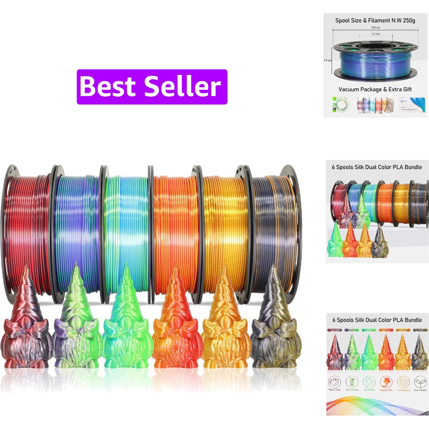 6 Spools Bicolor Dual Color 1.75mm 3D Printer Filament Bundle, 3D Printing Si...