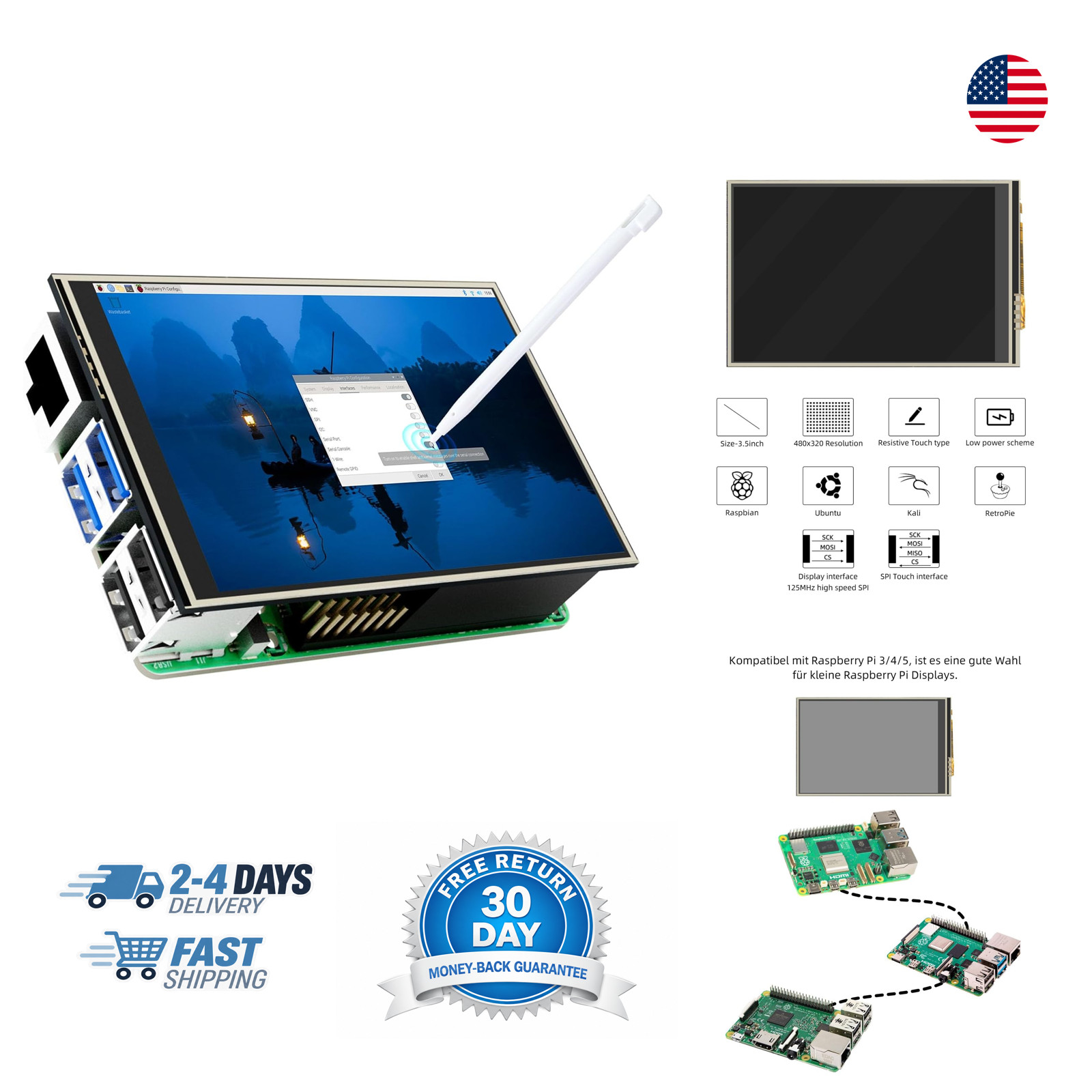 3.5 Inch Touchscreen Display for Raspberry Pi 3 4 5 with Stylus and Mini Fan