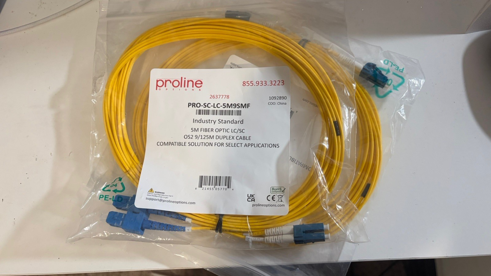PROLINE PRO-SC-LC-5MS9SMF 5M FIBER OPTIC SC/LC SMF 9/125 SIMPLEX CABLE