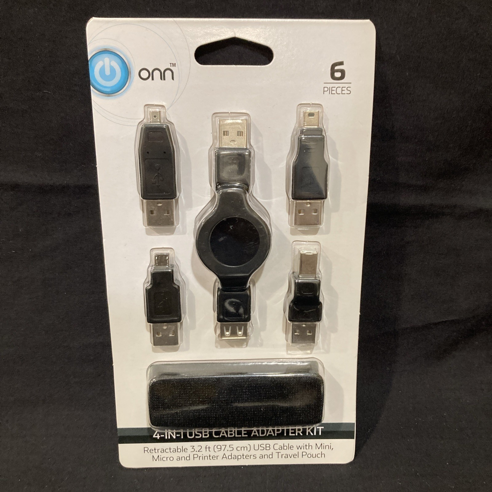Onn Retractable Cable Universal 4 in 1 USB Adapter Kit With Travel Pouch - Black