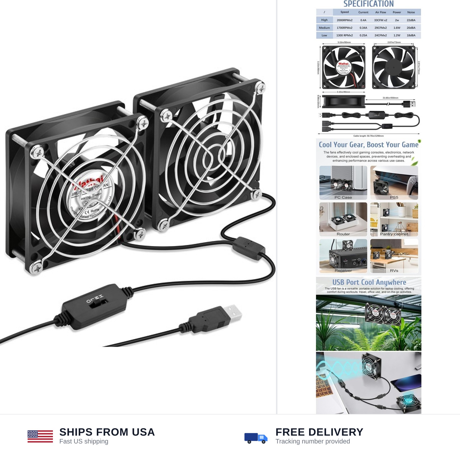 80mm USB Computer Fan 2 Pack 5V DIY Cooling with Grill and Screws