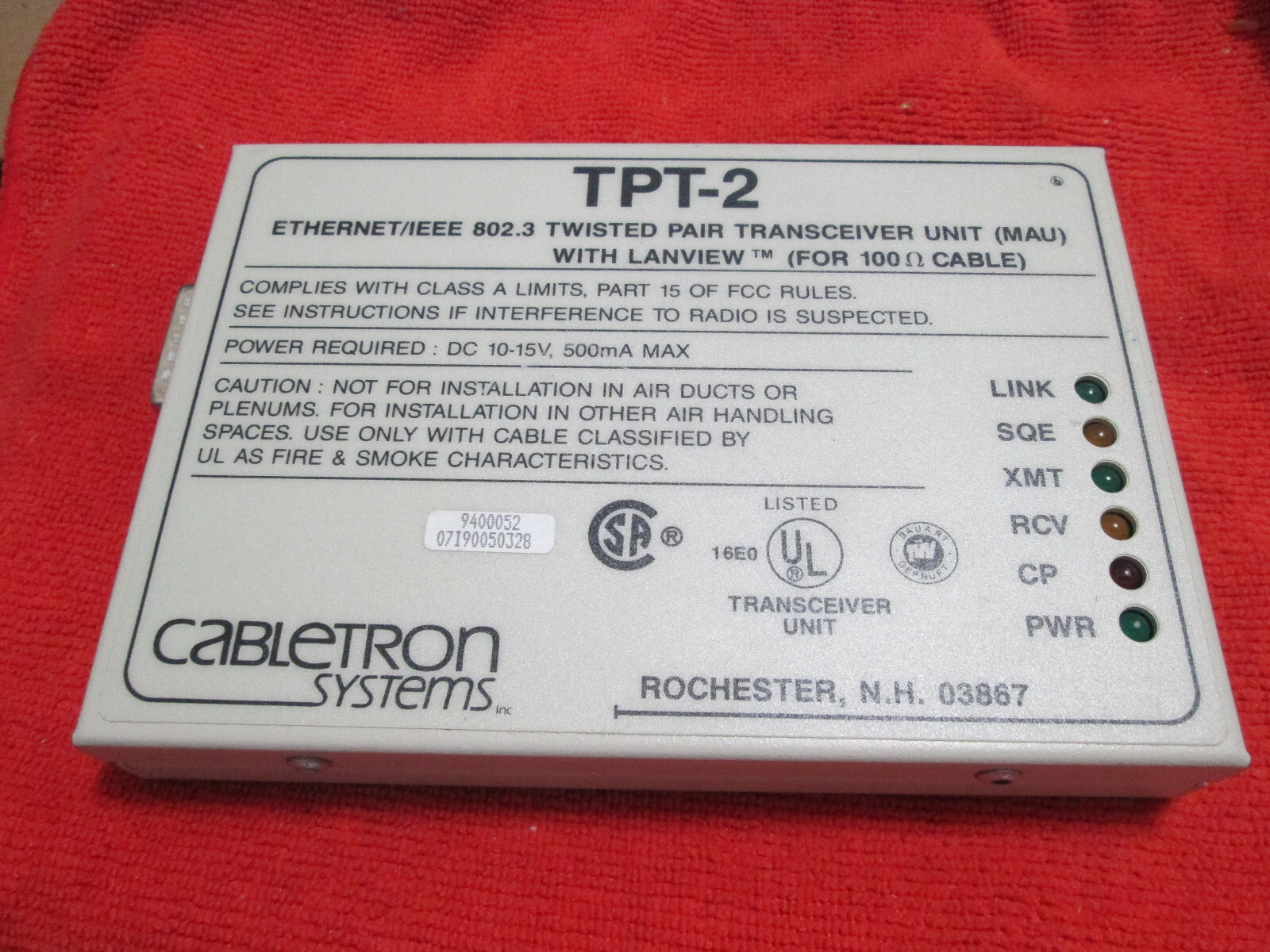 Cabletron TPT-2 Ethernet 802.3 Twisted Pair Transceiver Unit (MAU)  With Lanview