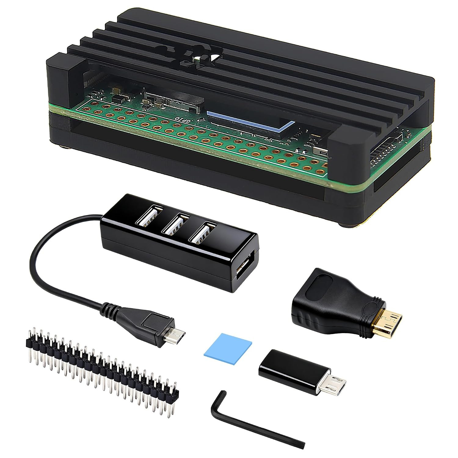Aluminum Heatsink Case Kit for Raspberry Pi Zero 2 W | with GPIO Header, OTG Hub