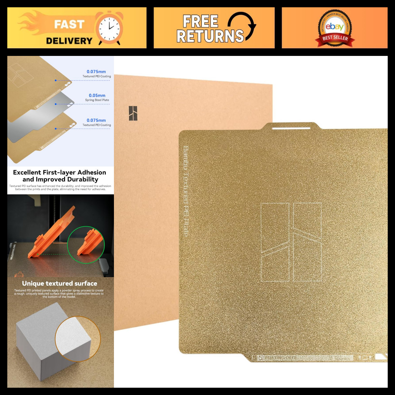 Flexible Double-Sided Textured PEI Build Plate 257x257mm for 3D Printers