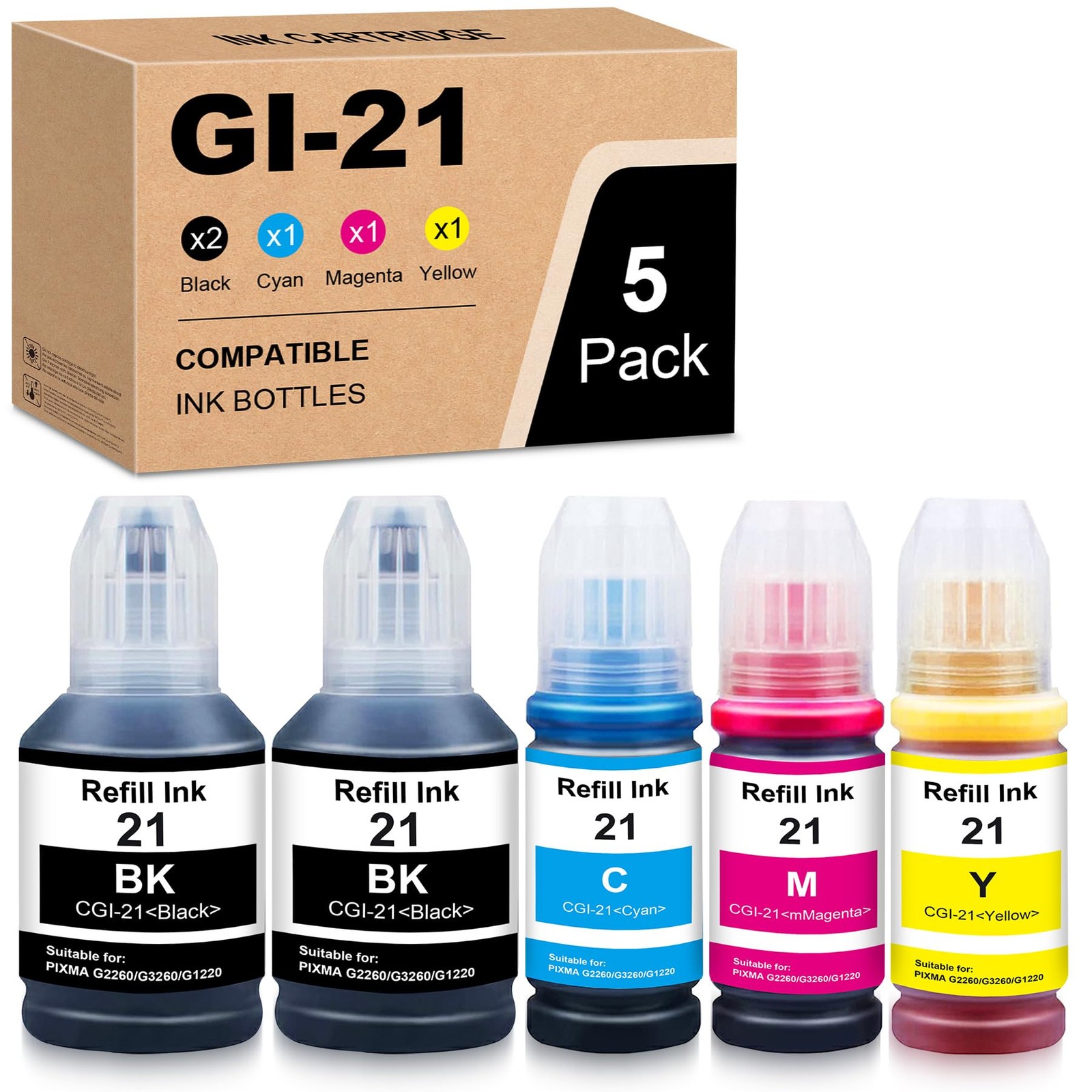 GI-21 Refill Ink Bottles 5-Pack for Canon PIXMA MegaTank G1220 G1230 G2260