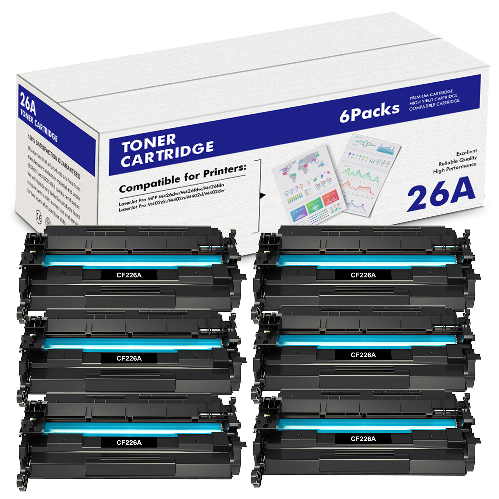 6PK Fits For HP Laserjet Pro M402n MFP M426fdw CF226A 26A Black Toner Cartridge