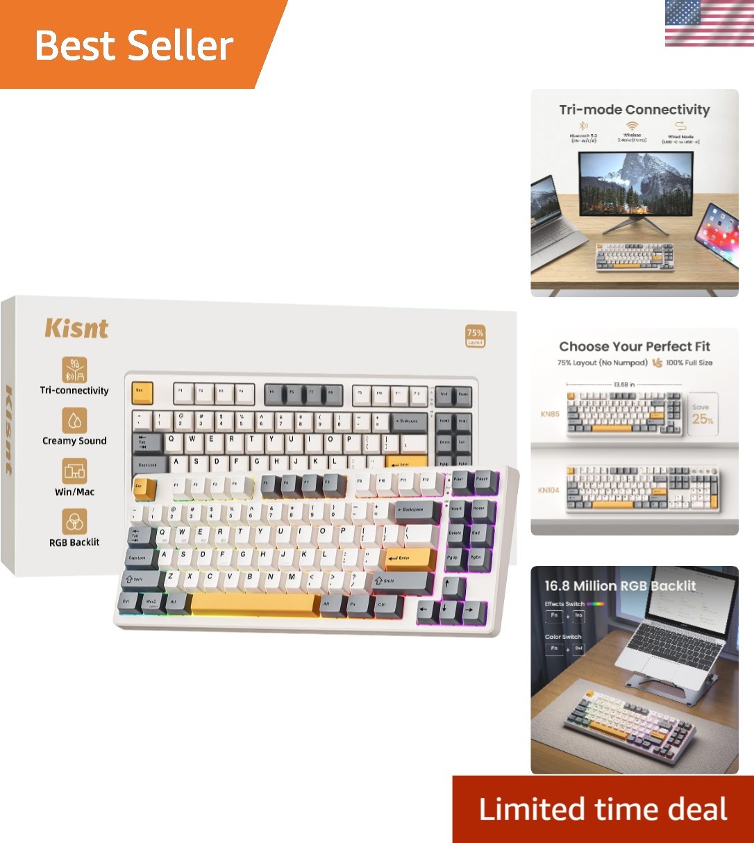 KN85 Wireless RGB Mechanical Gaming Keyboard - 75% Layout with Custom Sound