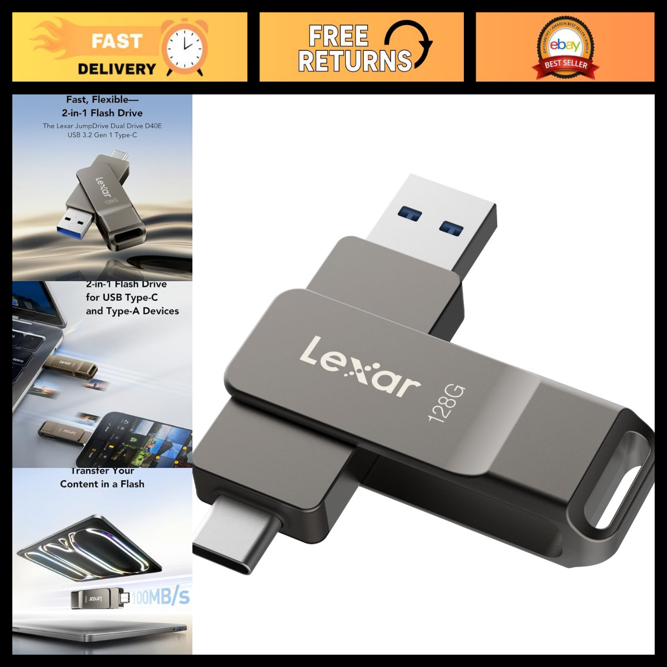 128GB Dual USB 3.2 Type-C Flash Drive - High-Speed Portable Storage, Titanium Gr