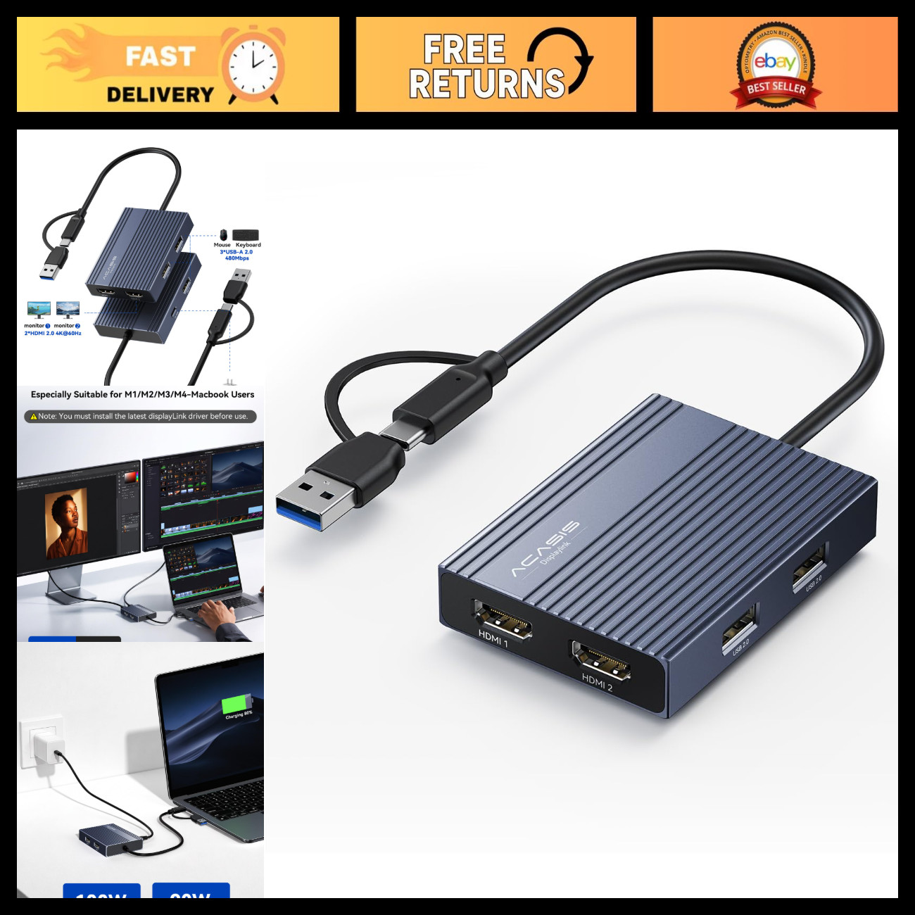 USB C Dual HDMI DisplayLink Adapter for Mac & Windows - 4K Video Output, Multi-M