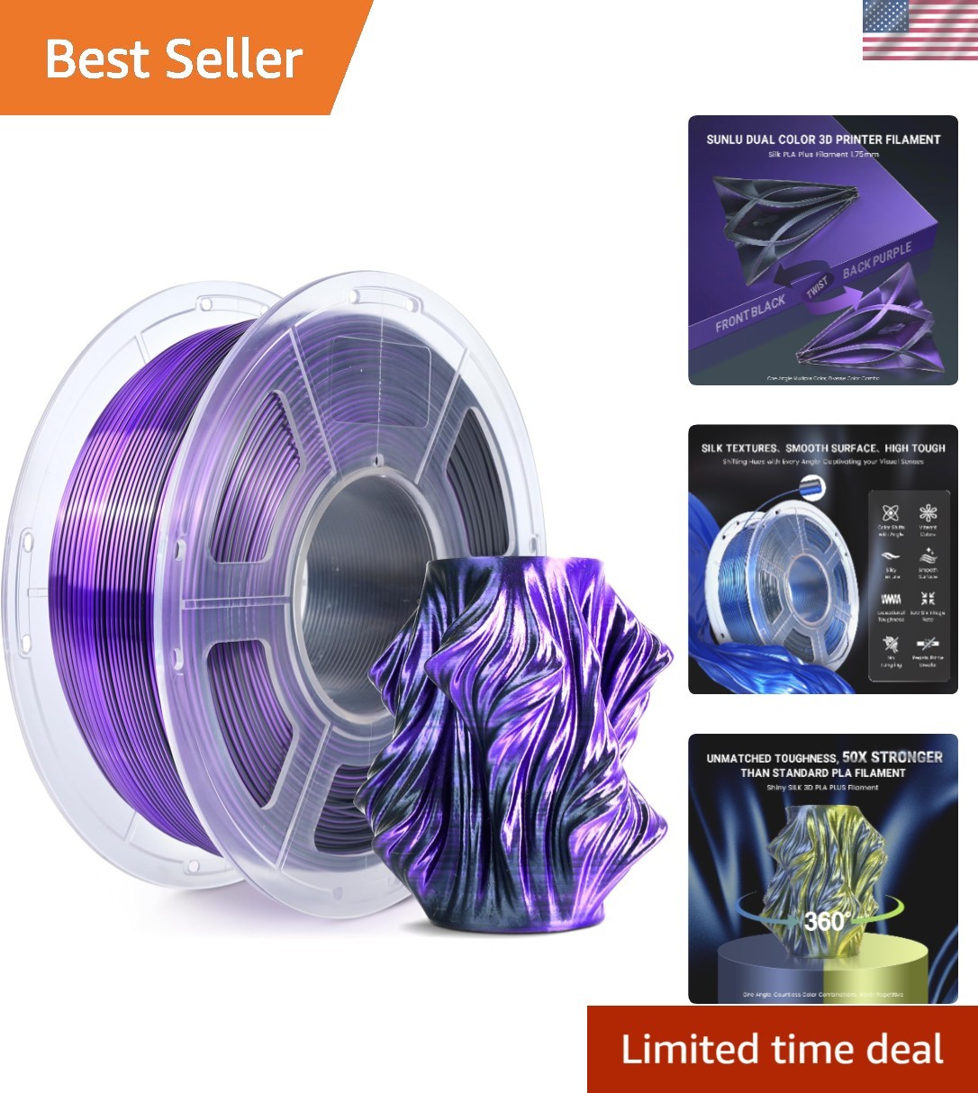 Vibrant Dual Color Silk PLA 3D Filament - Durable 1KG, 360° Color Variations