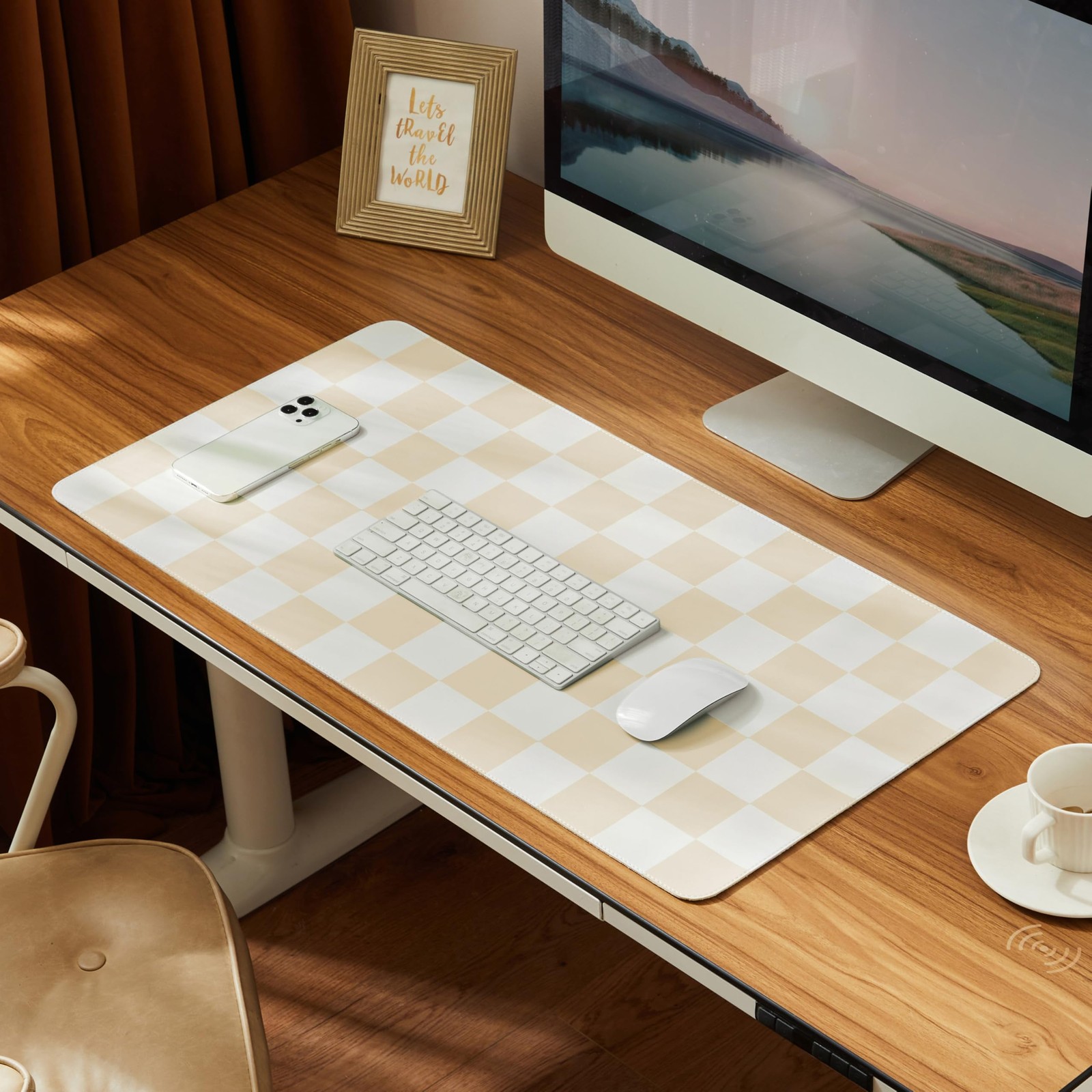 Checkered Desk Mat, 31.5" x 15.7" Large Cute Beige Sand Aesthetic Retro Acces...