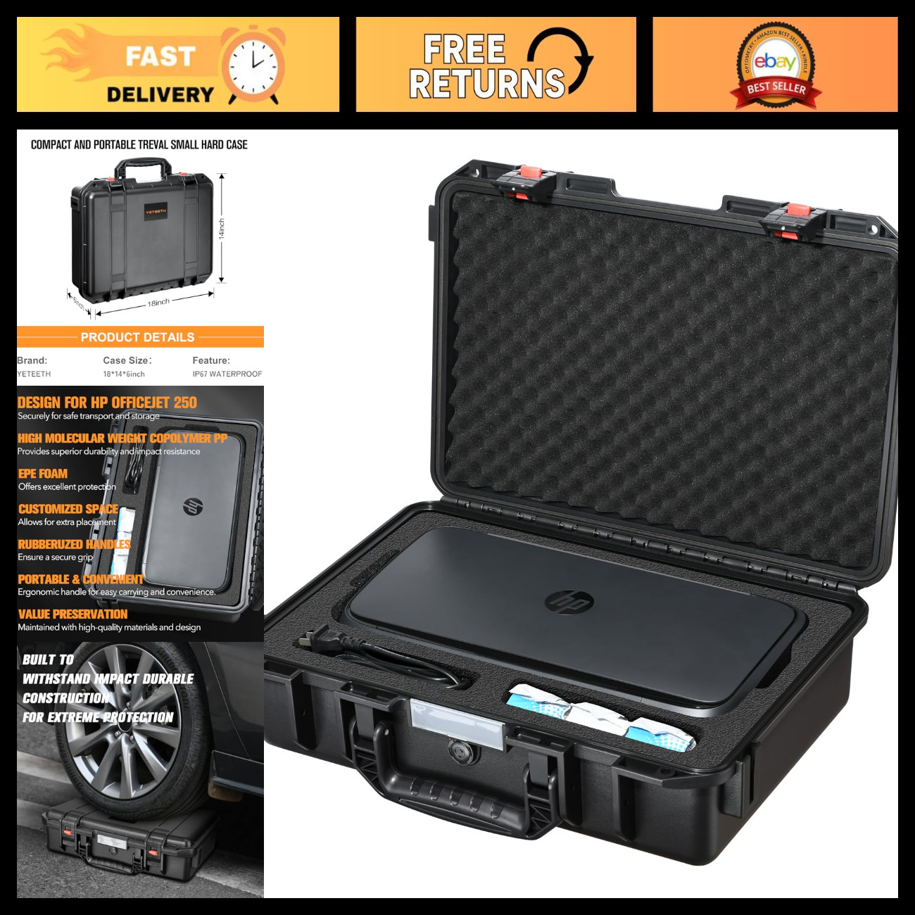 All-in-One Portable Printer Case with Custom Foam for HP Officejet 250