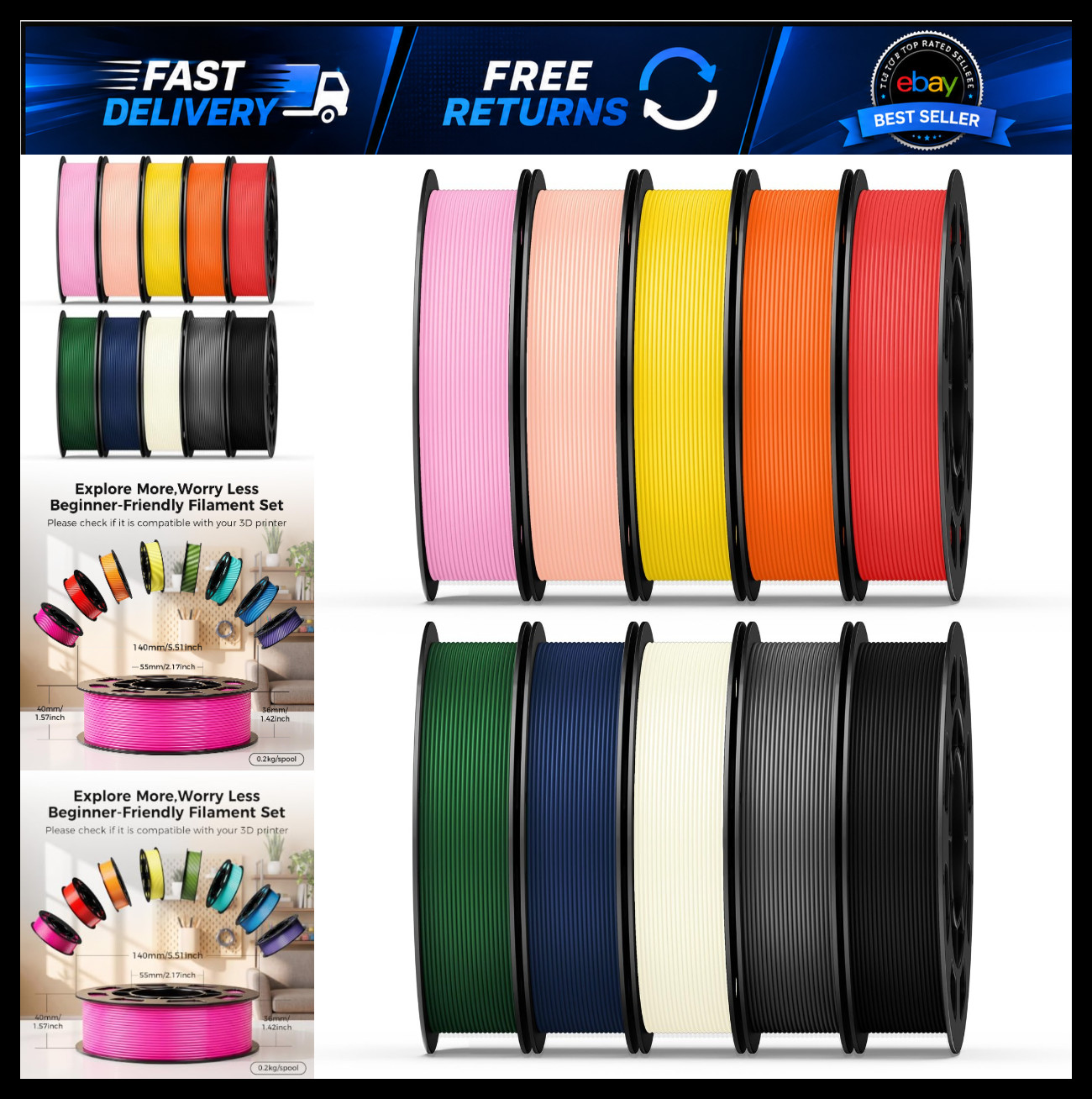 10 Color Bundle PETG 3D Printer Filament 1.75mm, Individually Vacuum Packed,