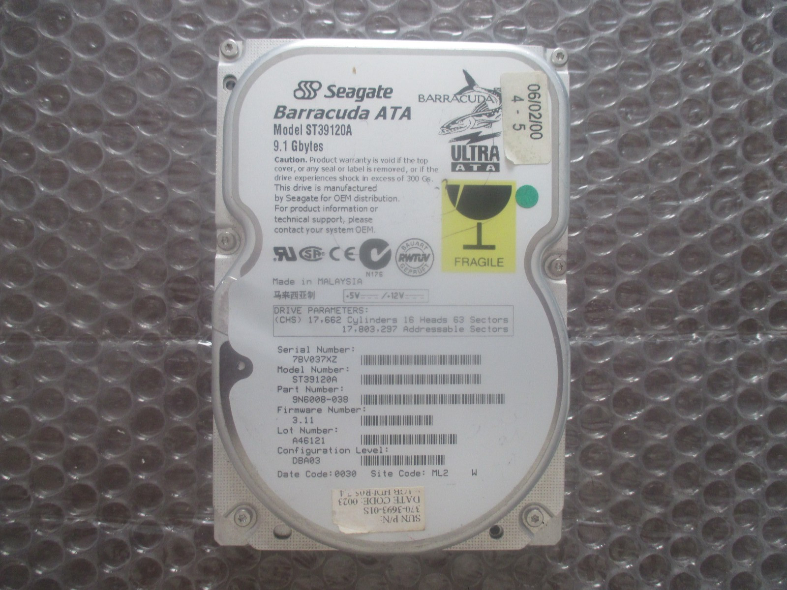 Seagate ST39120A 9.1 GB Barracuda IDE / ATA Hard Drive - Sun 370-3693 tested