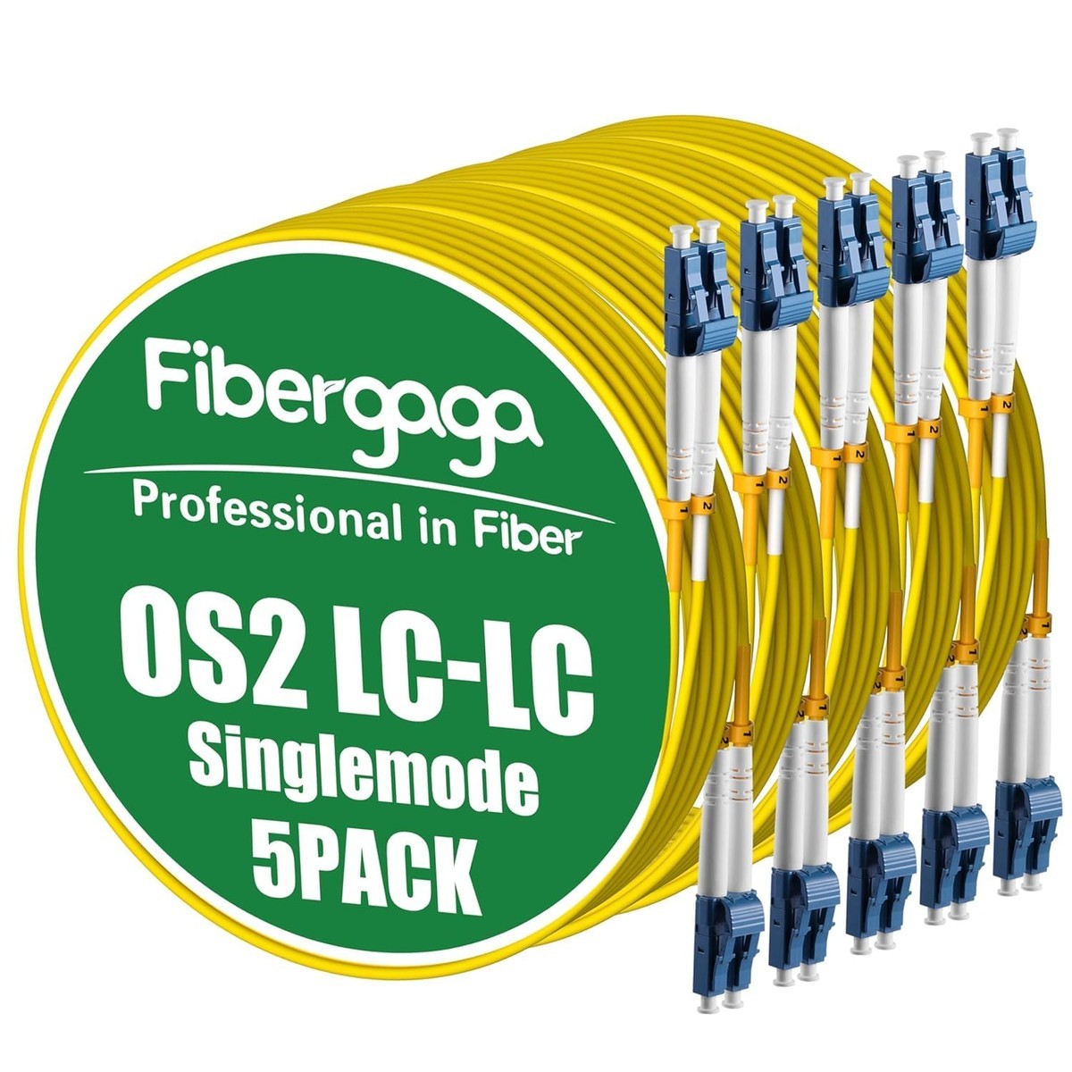 Fibergaga 5Pack 15M(50ft) OS2 LC to LC Singlemode SM 9/125µm 2.0mm Fiber Cable