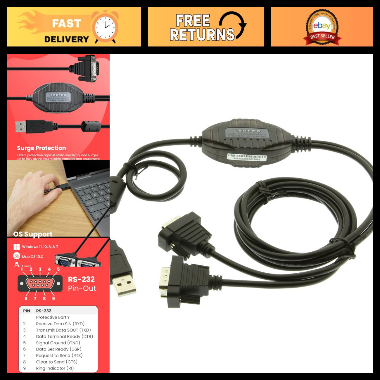 2-Port USB to RS-232 Serial Adapter Cable, FTDI Chip, 5ft, ESD Protected, Win/Ma
