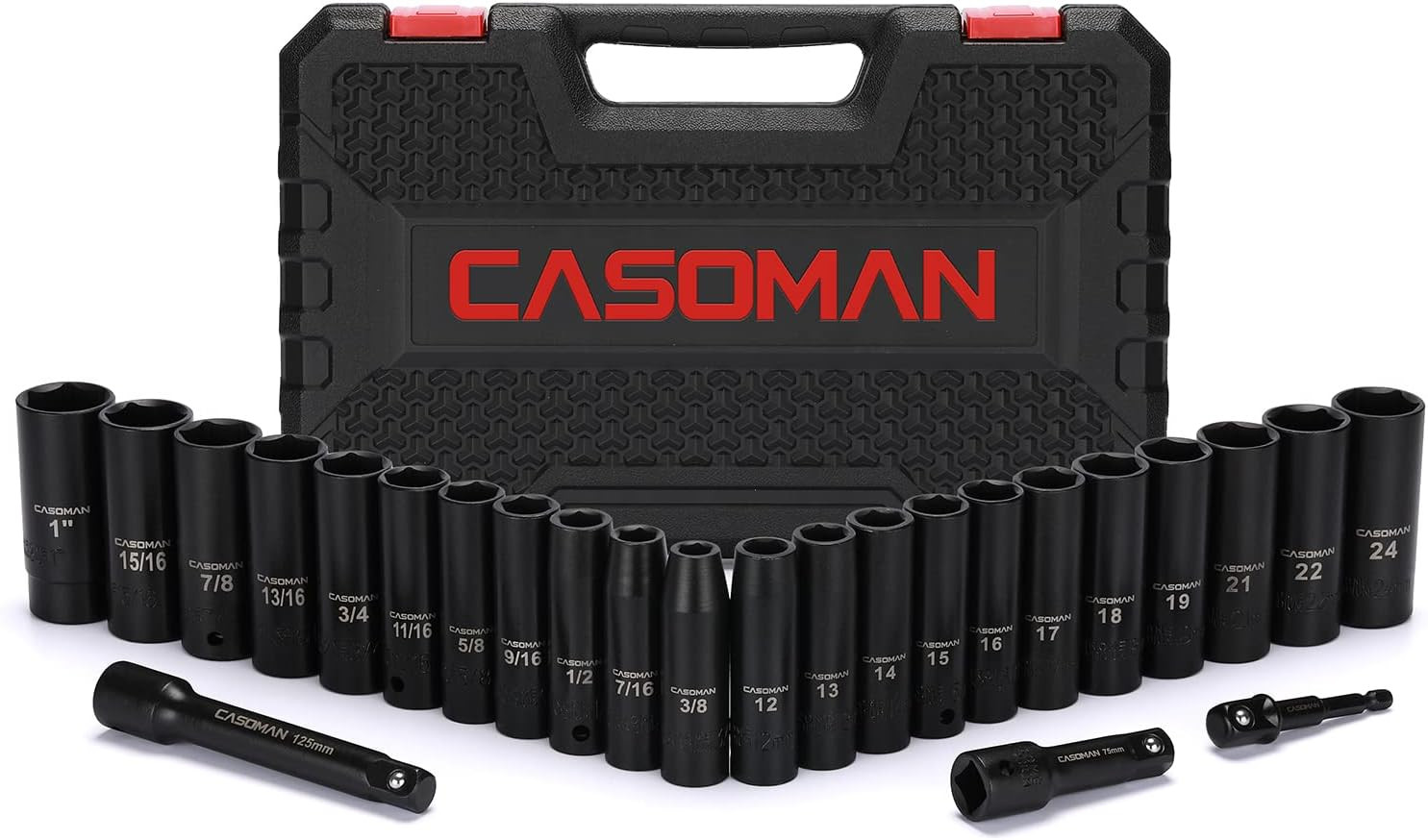 25PCS 1/2" Drive Impact Socket Set, Deep, Cr-V Steel, 6 Point, Metric&Sae, 12Mm
