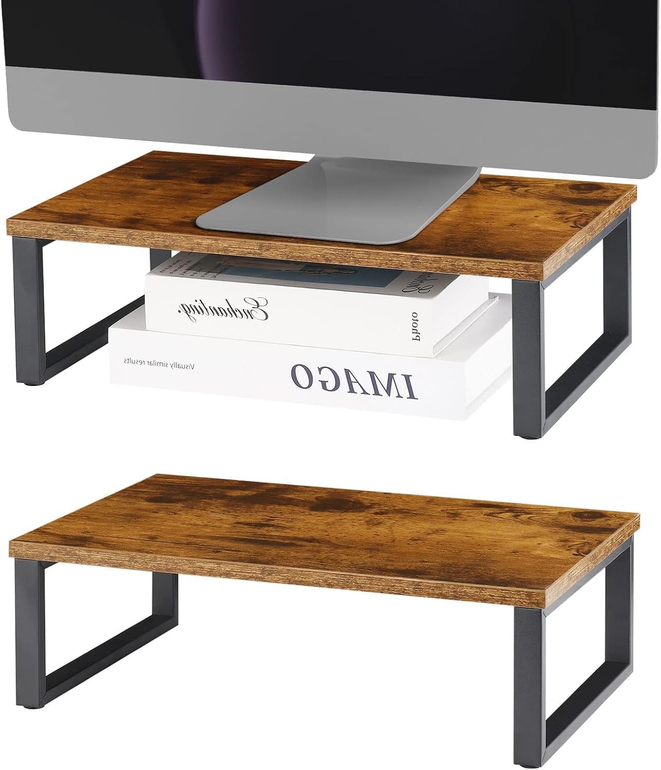 2 PCS Wood Monitor Stand Riser Desk Computer Laptop Shelf Organizer Brown