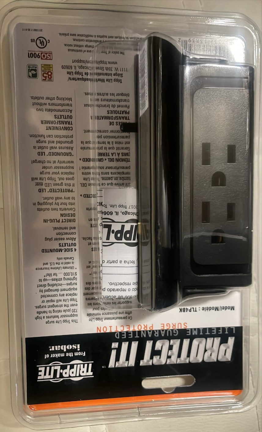 TRIPP LITE TLP4BK Surge Protector 4 Side-Mounted Outlets Power Strip Home Office